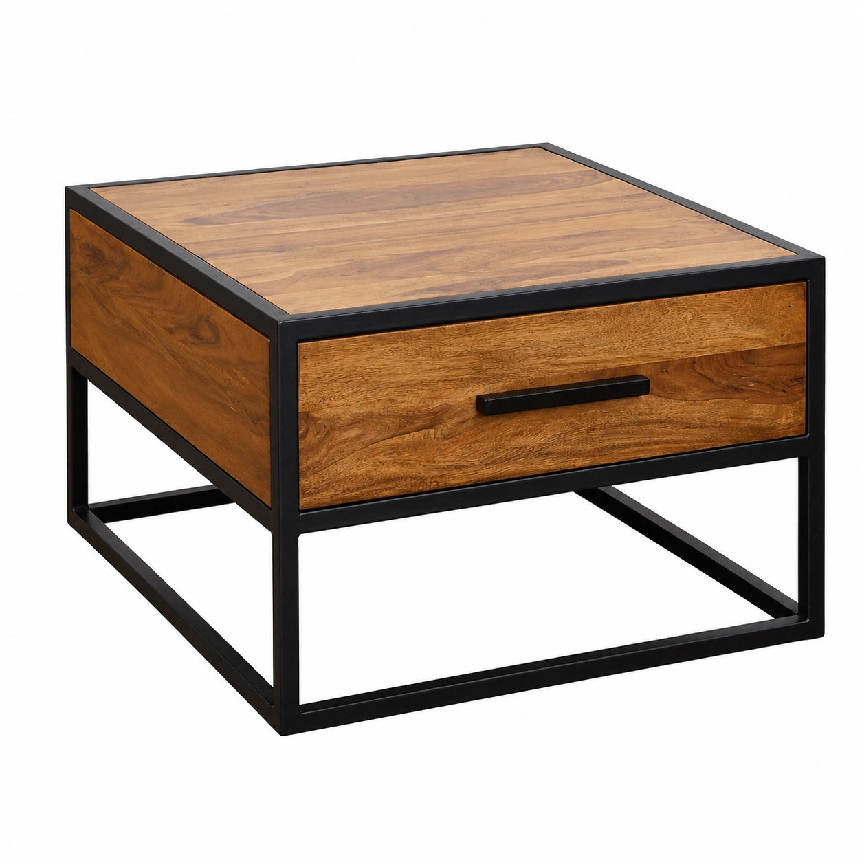 Couchtisch – 65 × 38 × 65 cm, Industriestil, mit Schubladen, aus Massivholz und Metall, Braun