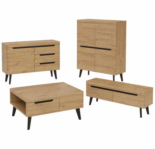 Wohnwand – 3-teilig, skandinavischer Stil, aus MDF und Eichenholz, Schwarz