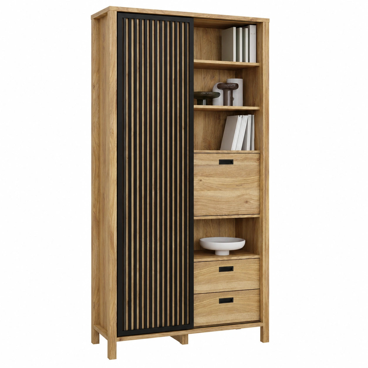 Schrank – 103,4 cm, skandinavischer Stil, mit Schubladen, mit mehreren Türen, aus Eichenholz, Schwarz
