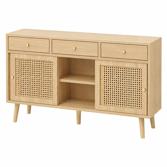 Sideboard – mit Schubladen, mit Ablagen, aus Eichenholz und Rattan